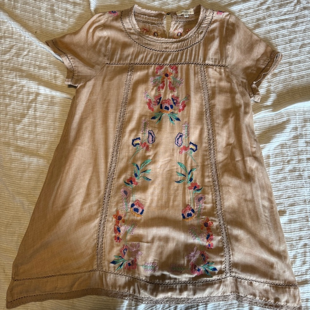 Umgee Embroidered Dress - Tan and Multicolor embroidery size 1XL